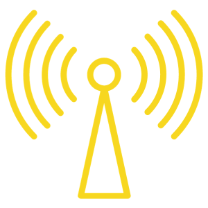 Yellow icon of a reception tower emitting signals, symbolising the core function of an rv tv antenna.