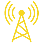 Icon of a yellow tower antenna emitting signal beams, representing solutions to caravan TV reception problems.